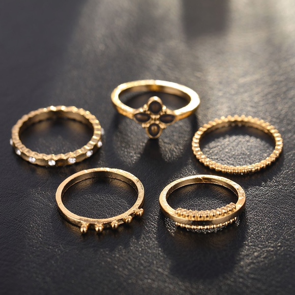 Quatrefoil Textured Bypass Gold Midi Rings 5Pc - Picture 5 of 7